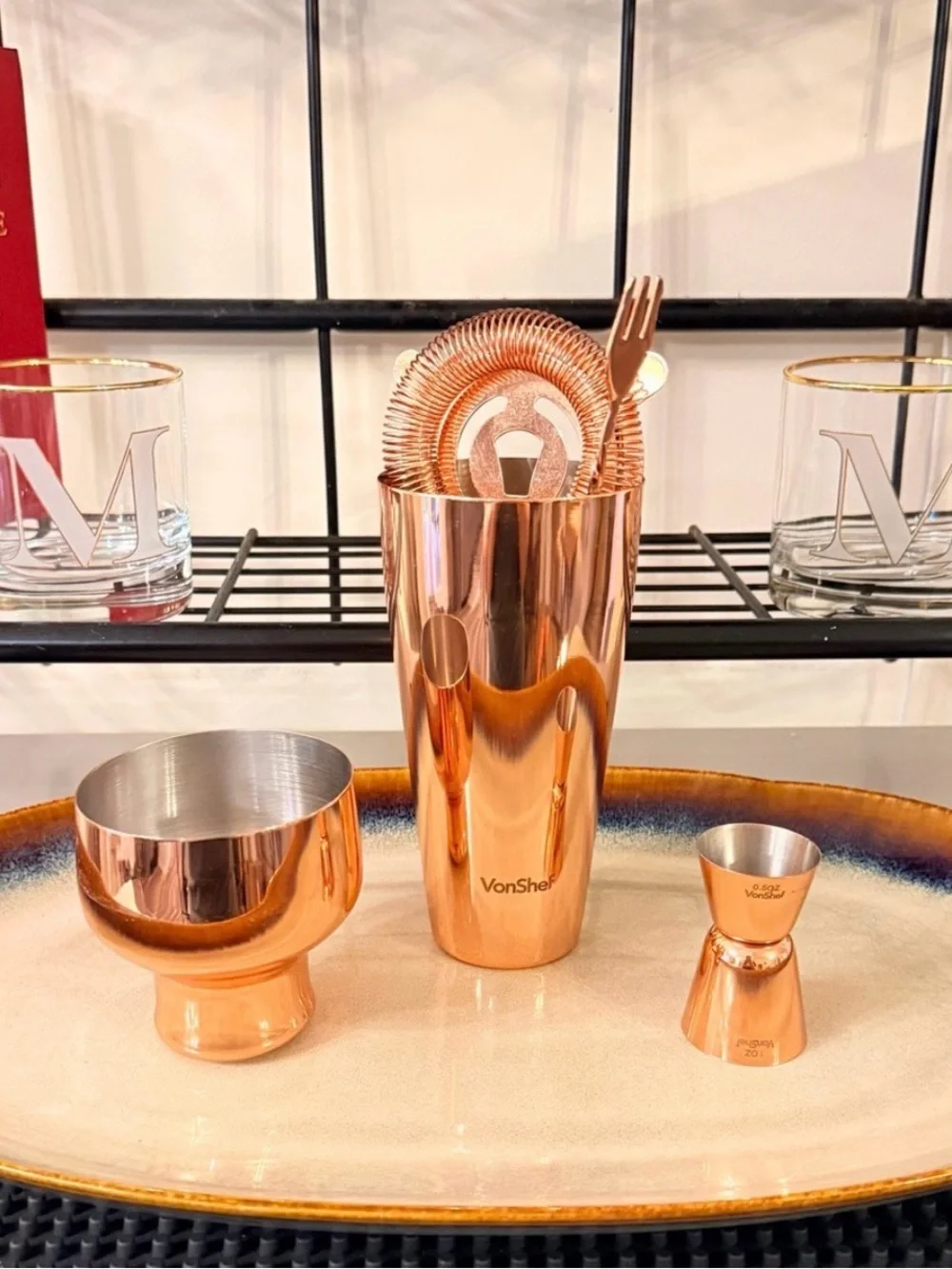 VonShef Copper Cocktail Barware Set 4pc Luxe Bar Cart Shaker Jigger Strainer
